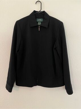 Vintage Lauren Ralph Lauren 100% Wool Black Zip Up Blazer Jacket Size 10